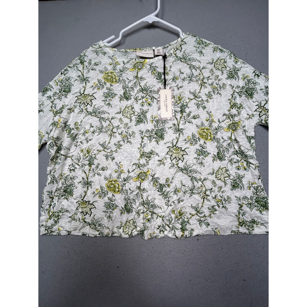 Laura Ashley Top Slub Knit Floral Green Yellow White Medium Womens